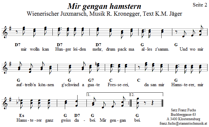 Mir gengan hamstern, Seite 2, in zweistimmigen Noten. 
Bitte klicken, um die Melodie zu hren.