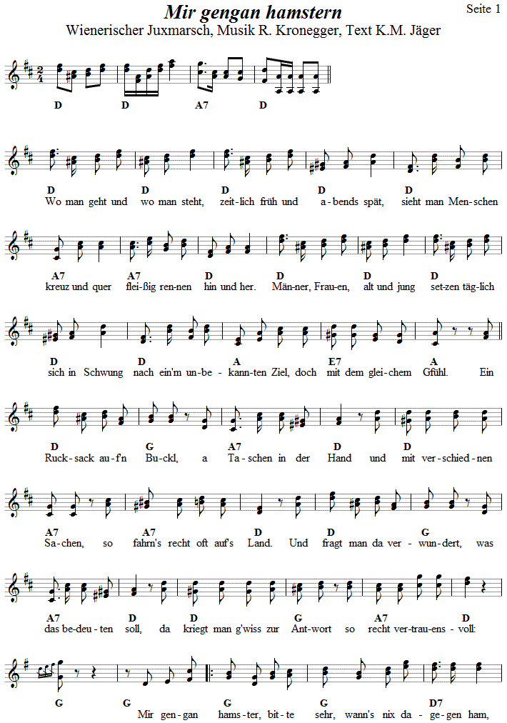 Mir gengan hamstern, Seite 1, in zweistimmigen Noten. 
Bitte klicken, um die Melodie zu hren.