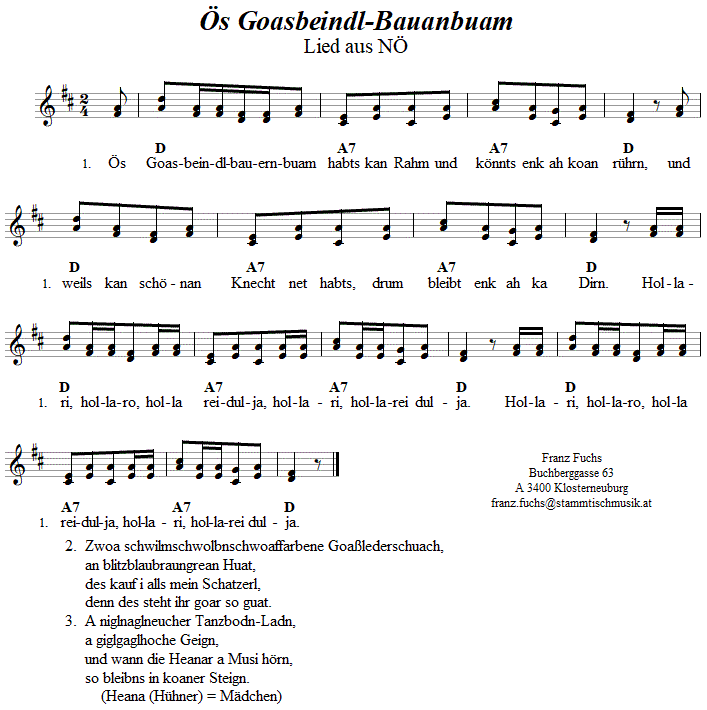 s Goasbeindlbauernbuam, zweistimmiges Lied. 
Bitte klicken, um die Melodie zu hren.