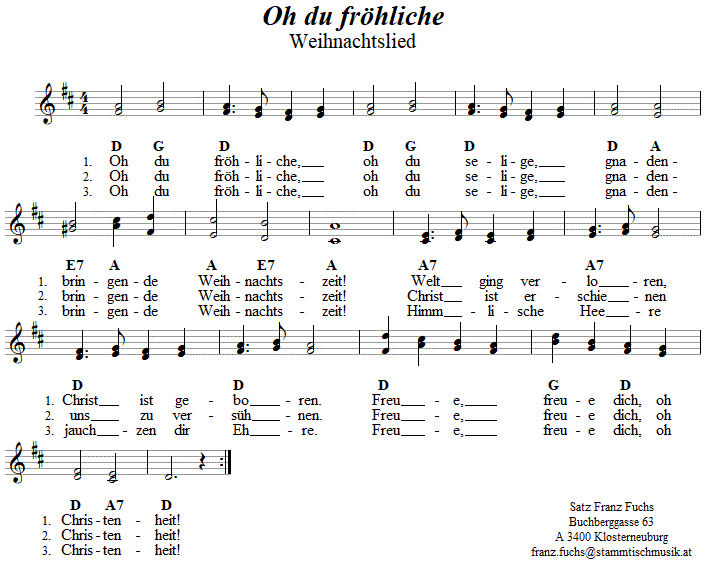 Oh du frhliche, Weihnachtslied in zweistimmigen Noten. 
Bitte klicken, um die Melodie zu hren.