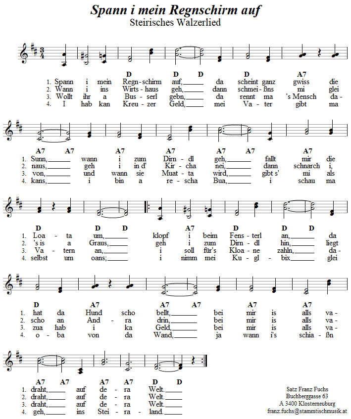 Spann i mein Regnschirm auf, zweistimmiges Walzerlied. 
Bitte klicken, um die Melodie zu hren.