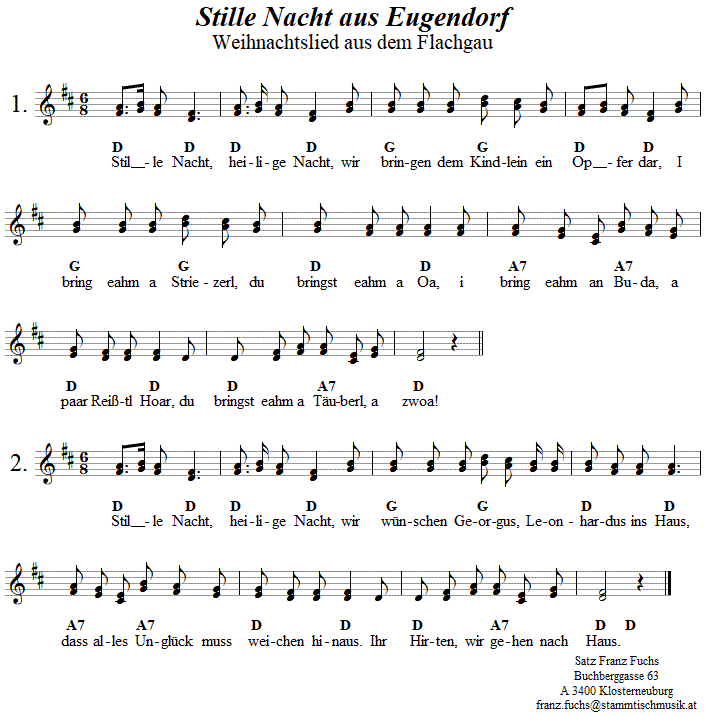 Stille Nacht aus Eugendorf, Weihnachtslied in zweistimmigen Noten. 
Bitte klicken, um die Melodie zu hren.