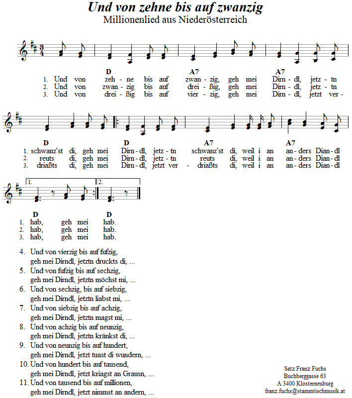 Millionenlied - Und von zehne bis auf zwanzig, in zweistimmigen Noten. 
Bitte klicken, um die Melodie zu hren.