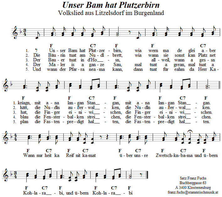 Unser Bam hat Plutzerbirn, zweistimmiges Lied. 
Bitte klicken, um die Melodie zu hren.