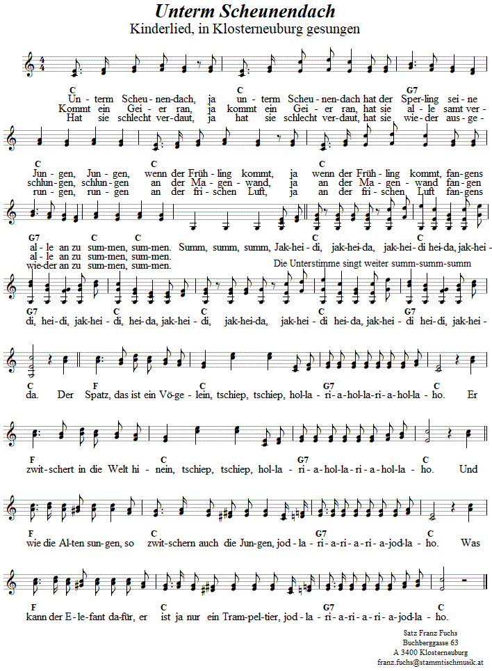 Unterm Scheunendach (Der Sperling) in zweistimmigen Noten. 
Bitte klicken, um die Melodie zu hören.