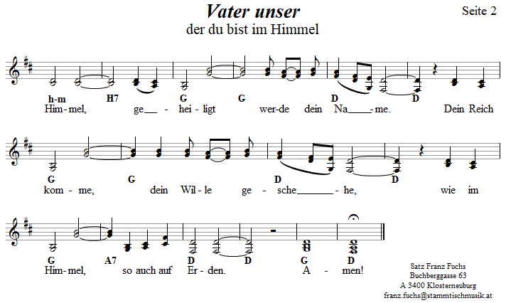 Vater unser, Kirchenlied in zweistimmigen Noten, Seite 2. 
Bitte klicken, um die Melodie zu hren.