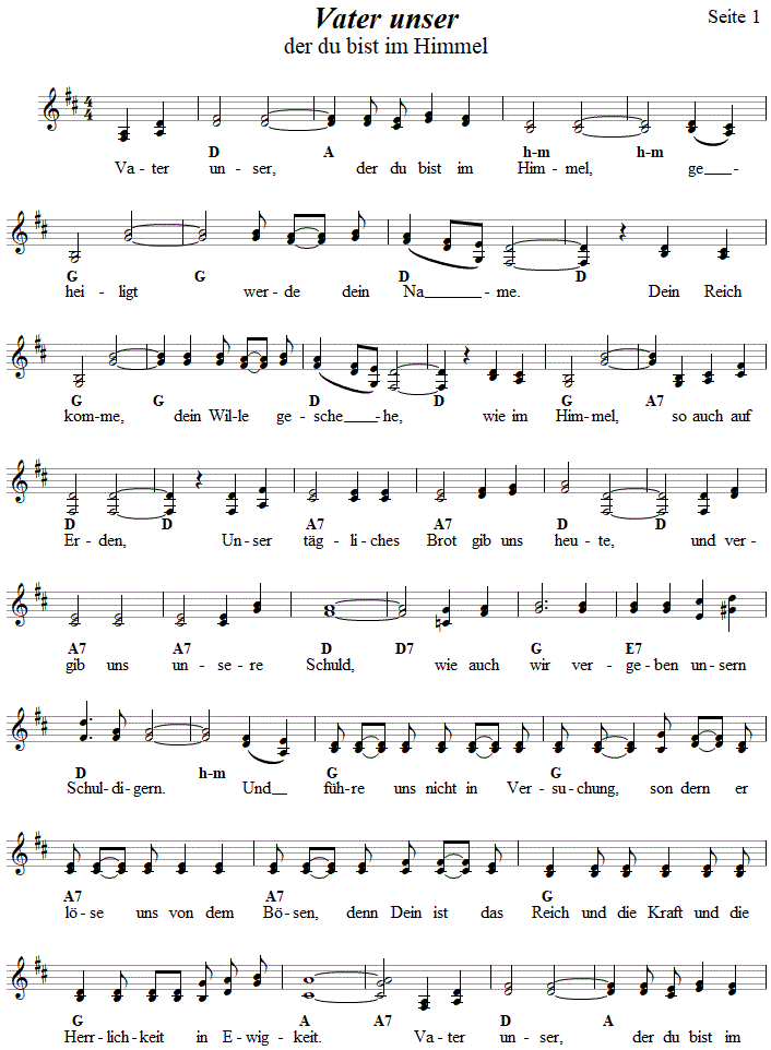 Vater unser, Kirchenlied in zweistimmigen Noten, Seite 1. 
Bitte klicken, um die Melodie zu hren.