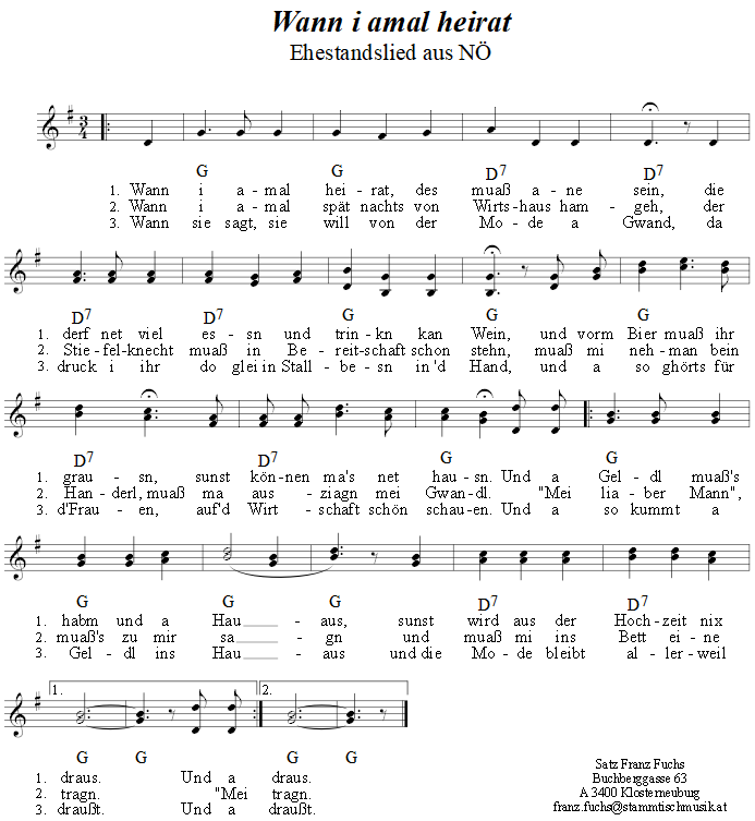 Wann i amal heirat, des muaß ane sein, in Griffschrift fr Steirische Harmonika. 
Bitte klicken, um die Melodie zu hören.