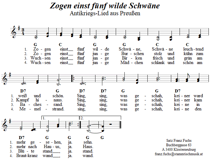 Zogen einst fnf wilde Schwne, zweistimmiges Lied. 
Bitte klicken, um die Melodie zu hren.