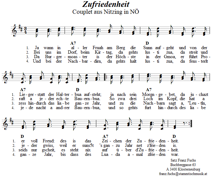 Die Zufriedenheit, Couplet in zweistimmigen Noten. 
Bitte klicken, um die Melodie zu hren.