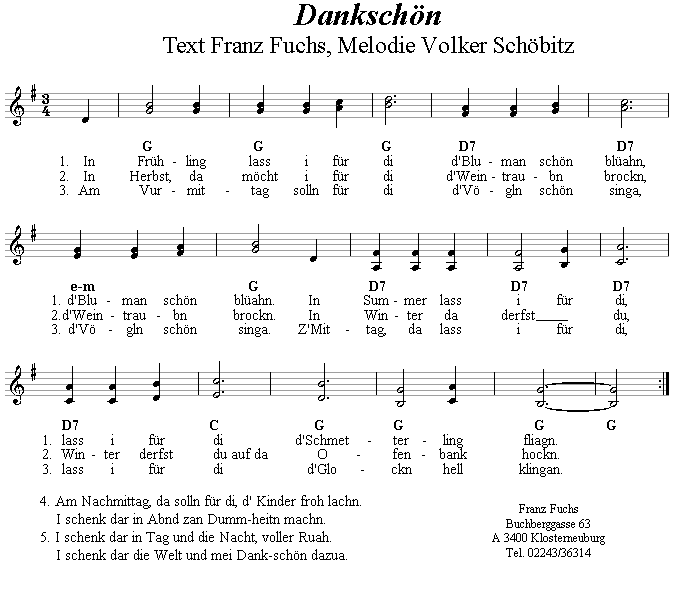 Dankschönlied von Volker Schöbitz und Franz Fuchs. 
Bitte klicken, um die Melodie zu hören.