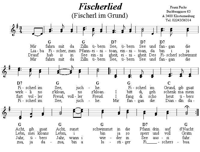 Fischerlied - Fischerl im Grund - in zweistimmigen Noten. 
Bitte klicken, um die Melodie zu hören.