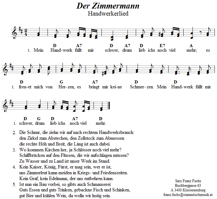 Der Zimmermann, zweistimmiges Lied. 
Bitte klicken, um die Melodie zu hren.