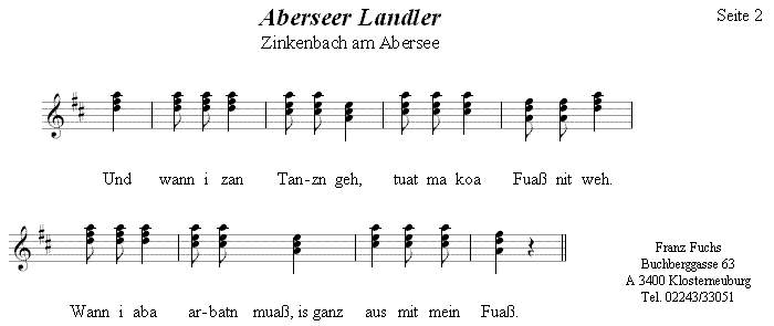 Aberseer Landler Singmelodie in dreistimmigen Noten, Seite 2. 
Bitte klicken, um die Melodie zu hören.