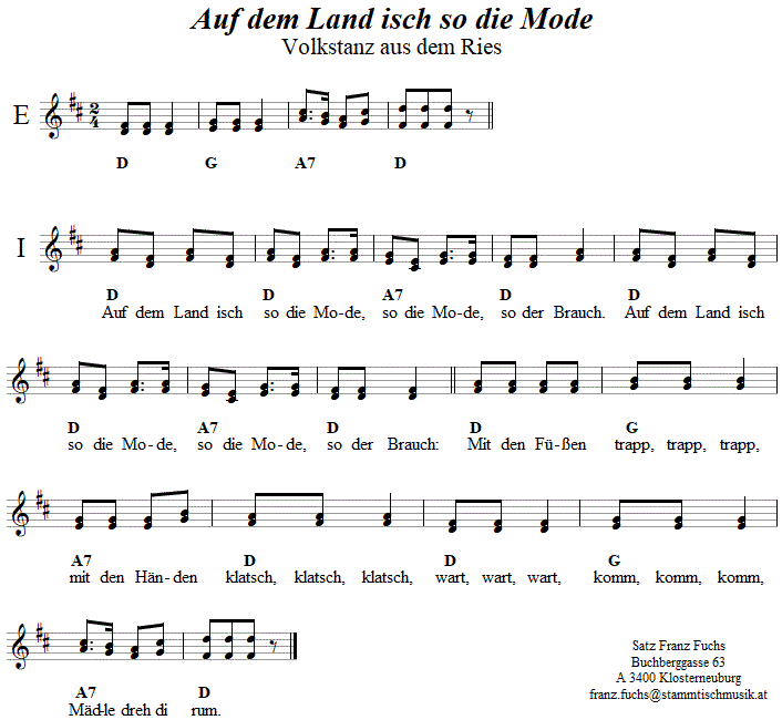 Auf dem Land isch so die Mode, in zweistimmigen Noten. 
Bitte klicken, um die Melodie zu hren.