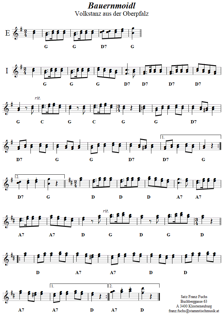 Bauernmoidl aus der Oberpfalz in zweistimmigen Noten. 
Bitte klicken, um die Melodie zu hren.