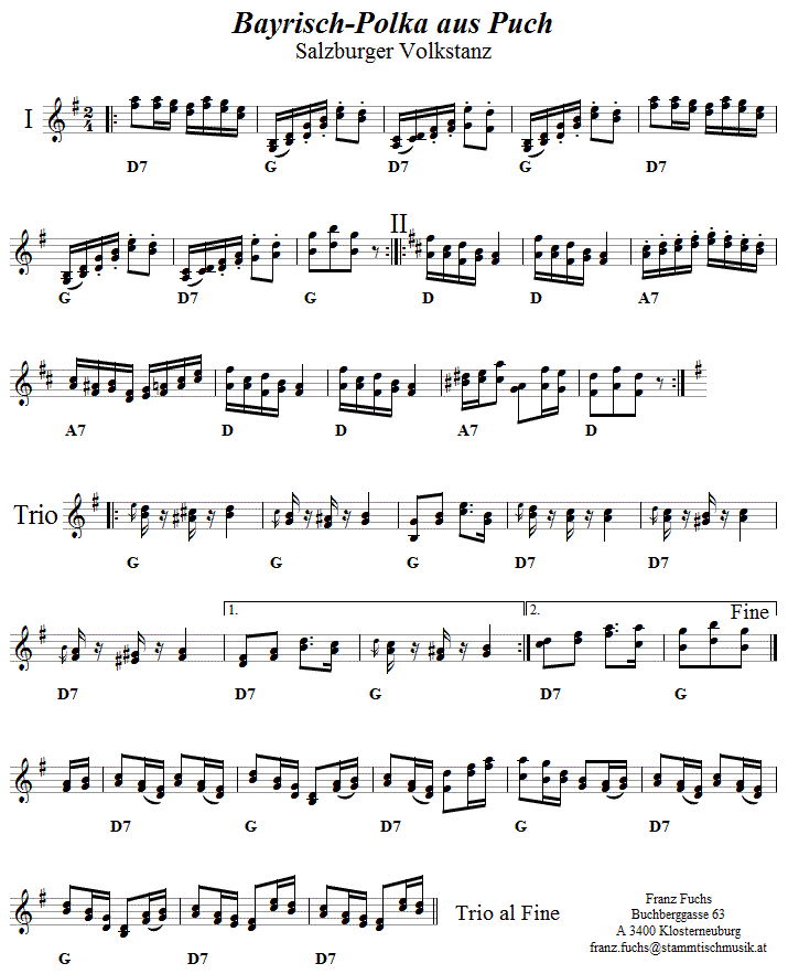 Bayrisch-Polka aus Puch in zweistimmigen Noten. 
Bitte klicken, um die Melodie zu hören.