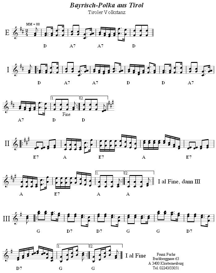 Bayrisch-Polka aus Tirol in zweistimmigen Noten. 
Bitte klicken, um die Melodie zu hören.