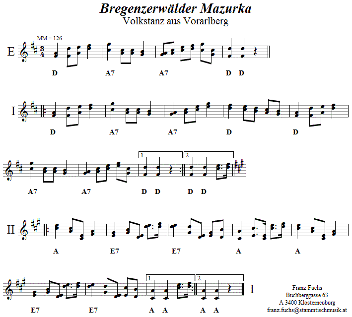 Bregenzerwälder Mazurka in zweistimmigen Noten. 
Bitte klicken, um die Melodie zu hören.