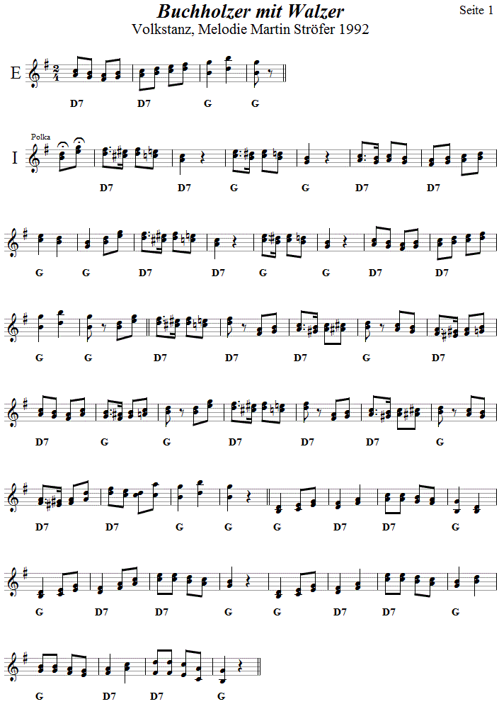 Buchholzer mit Walzer in zweistimmigen Noten, Seite 1. 
Bitte klicken, um die Melodie zu hören.