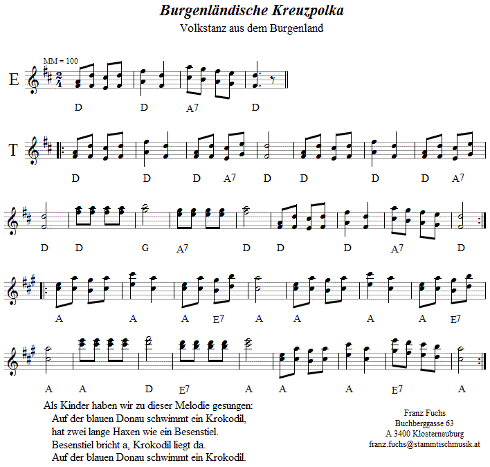 Burgenländische Kreuzpolka in zweistimmigen Noten. 
Bitte klicken, um die Melodie zu hören.