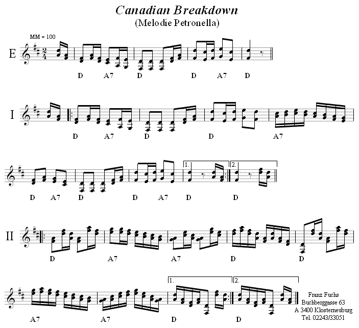Canadian Breakdown (Petronella) in zweistimmigen Noten. 
Bitte klicken, um die Melodie zu hören.