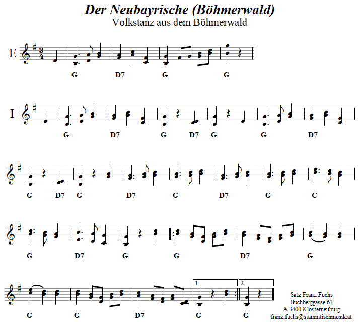 DerNeubayrische (Böhmerwald) in zweistimmigen Noten. 
Bitte klicken, um die Melodie zu hören.