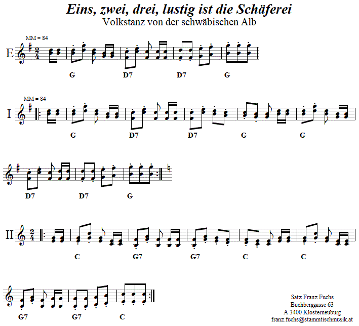 Eins, zwei, drei, lustig ist die Schferei, in zweistimmigen Noten. 
Bitte klicken, um die Melodie zu hren.