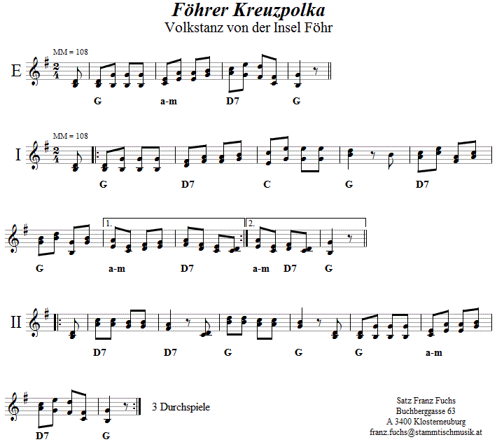 Föhrer Kreuzpolka in zweistimmigen Noten. 
Bitte klicken, um die Melodie zu hören.