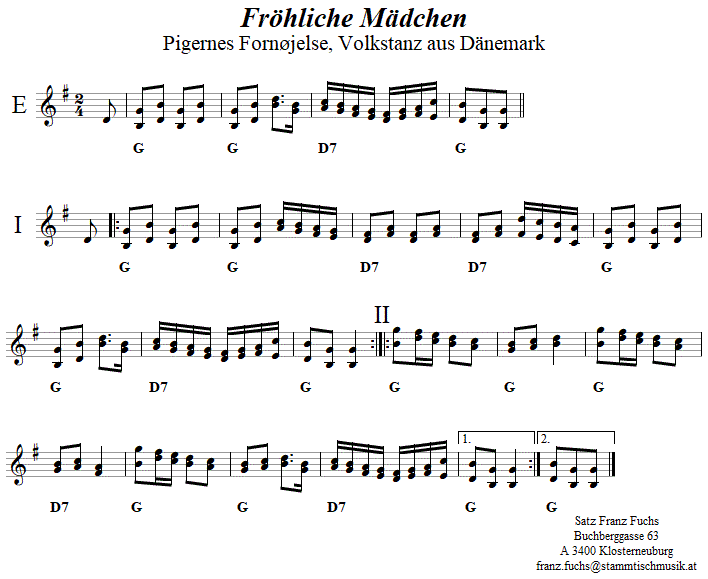 Fröhliche Mädchen (Pigernes Fornøjelse), in zweistimmigen Noten. 
Bitte klicken, um die Melodie zu hören.
