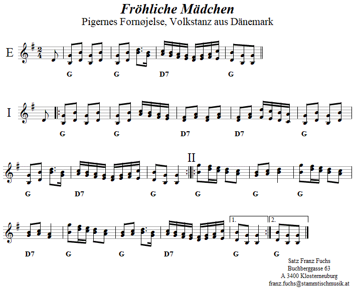 Frhliche Mdchen (Pigernes Fornjelse), in zweistimmigen Noten. 
Bitte klicken, um die Melodie zu hren.