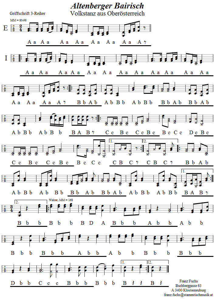 Altenberger Bairisch in Griffschrift für Steirische Harmonika. 
Bitte klicken, um die Melodie zu hören.