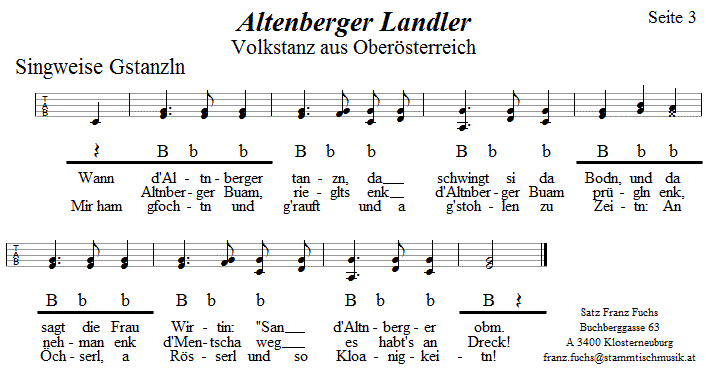 Altenberger Landler in Griffschrift für Steirische Harmonika, Seite 3. 
Bitte klicken, um die Melodie zu hören.