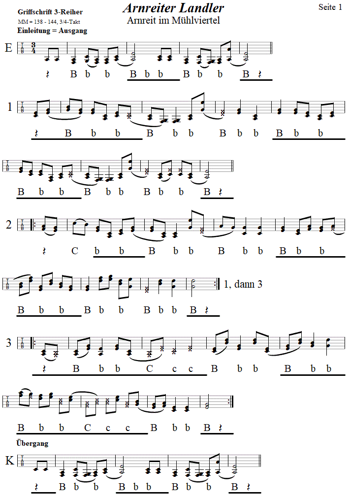 Arnreiter Landler in Griffschrift fr Steirische Harmonika, Seite 1. 
Bitte klicken, um die Melodie zu hren.