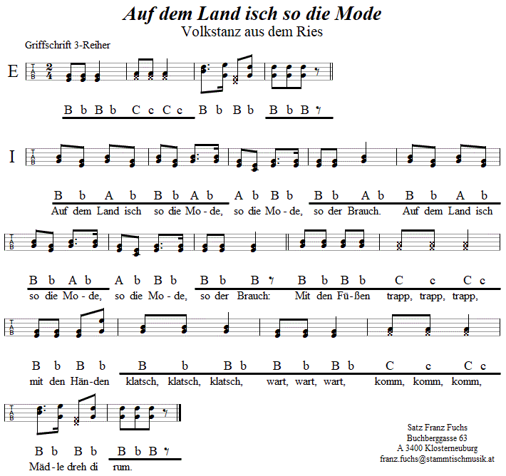 Auf dem Land isch so die Mode, in Griffschrift fr Steirische Harmonika. 
Bitte klicken, um die Melodie zu hren.