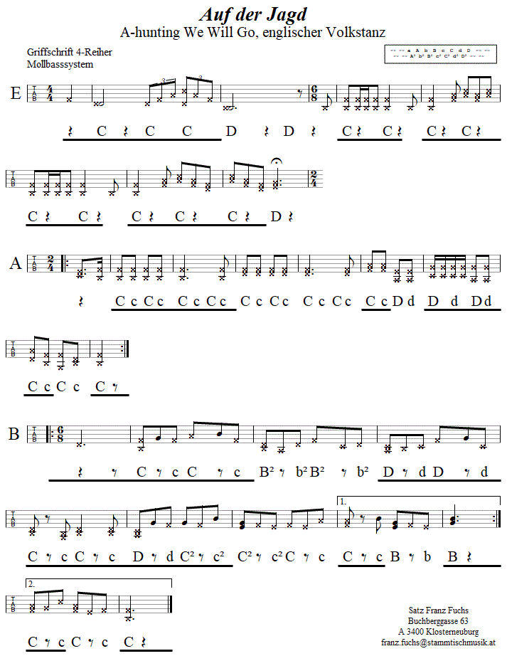 Auf der Jagd (A-hunting We Will Go) in Griffschrift fr Steirische Harmonika. 
Bitte klicken, um die Melodie zu hren.