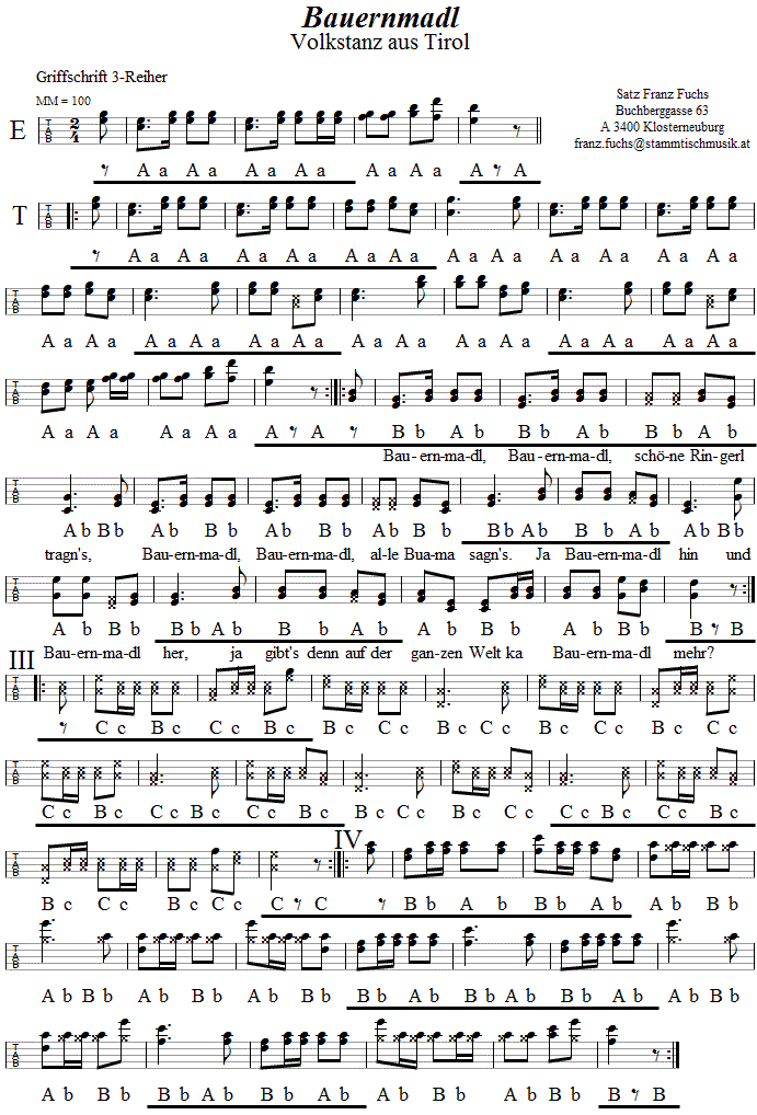 Bauernmadl in Griffschrift fr Steirische Harmonika. 
Bitte klicken, um die Melodie zu hren.