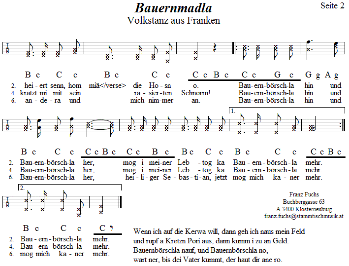 Bauernmadla Seite 2 in Griffschrift für Steirische Harmonika. 
Bitte klicken, um die Melodie zu hören.
