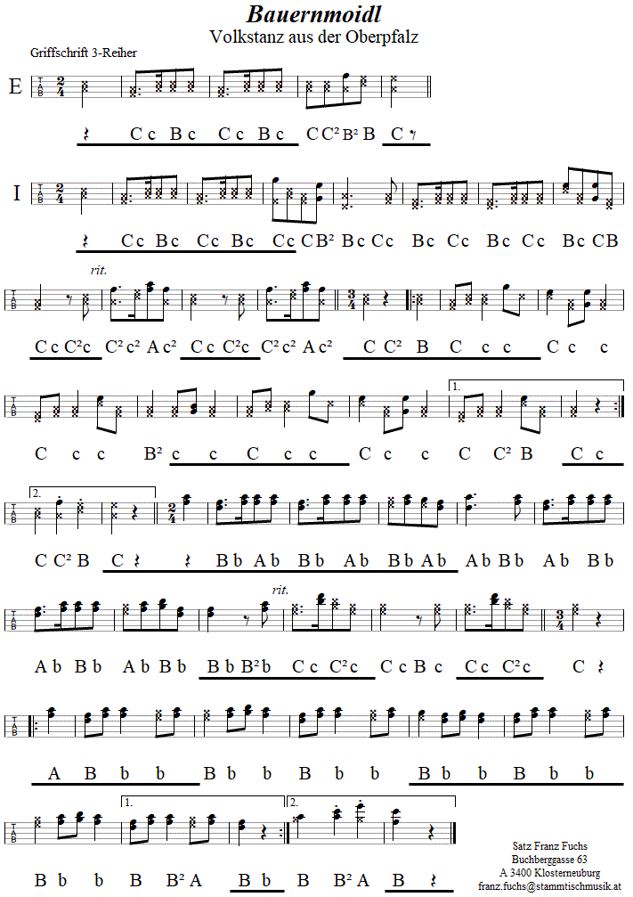 Bauernmoidl aus der Oberpfalz in Griffschrift für Steirische Harmonika. 
Bitte klicken, um die Melodie zu hören.
