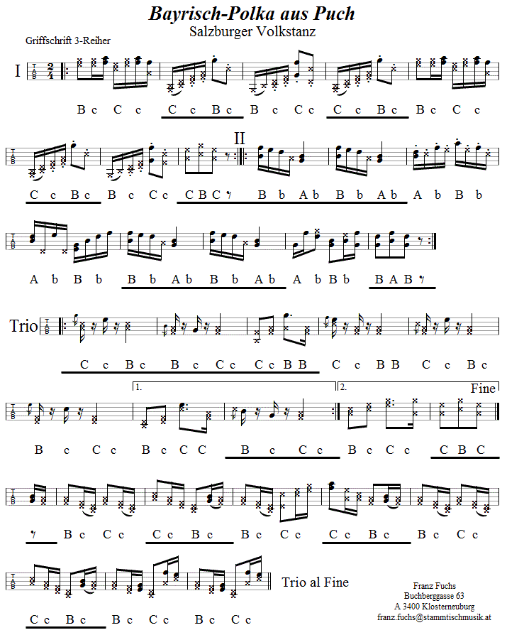 Bayrisch-Polka aus Puch in Griffschrift für Steirische Harmonika. 
Bitte klicken, um die Melodie zu hören.