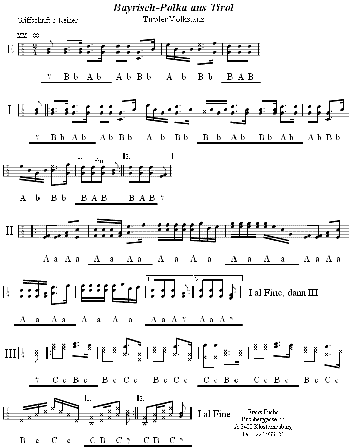 Bayrisch-Polka aus Tirol in Griffschrift für Steirische Harmonika. 
Bitte klicken, um die Melodie zu hören.