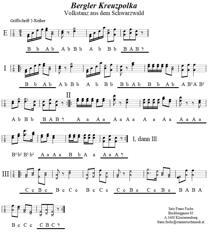 Bergler Kreuzpolka in Griffschrift für Steirische Harmonika. 
Bitte klicken, um die Melodie zu hören.