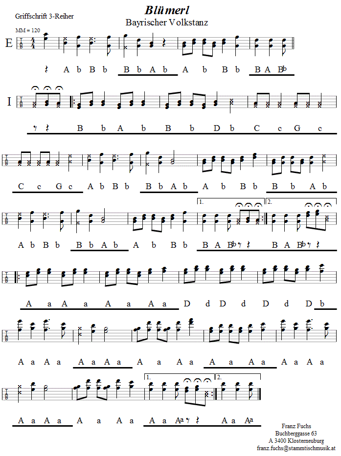 Blümerl in Griffschrift für Steirische Harmonika. 
Bitte klicken, um die Melodie zu hören.