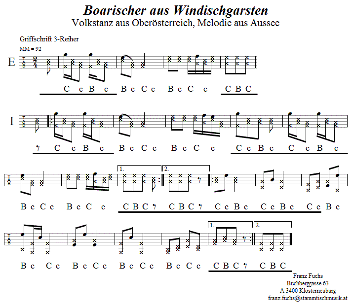 Boarischer aus Windischgarsten in Griffschrift für Steirische Harmonika. 
Bitte klicken, um die Melodie zu hören.