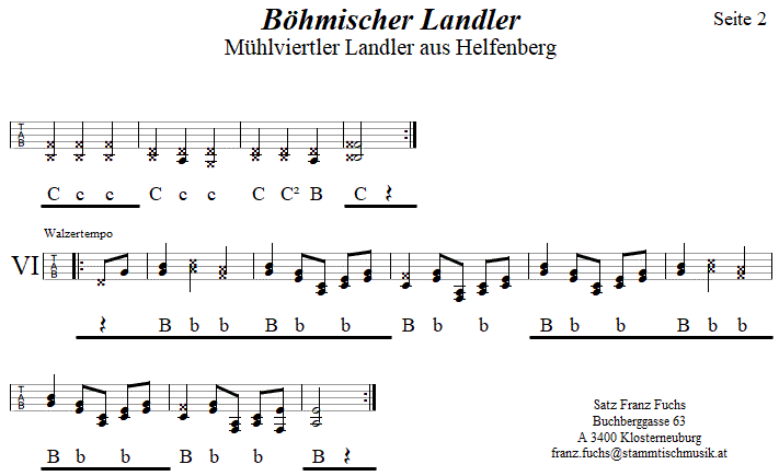 Böhmischer Landler, in Griffschrift für Steirische Harmonika, Seite 2. 
Bitte klicken, um die Melodie zu hören.