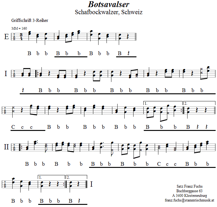 Botsavalser (Schafbockwalzer) in Griffschrift für Steirische Harmonika.
Bitte klicken, um die Melodie zu hören.