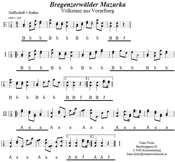 Bregenzerwälder Mazurka in Griffschrift für Steirische Harmonika. 
Bitte klicken, um die Melodie zu hören.