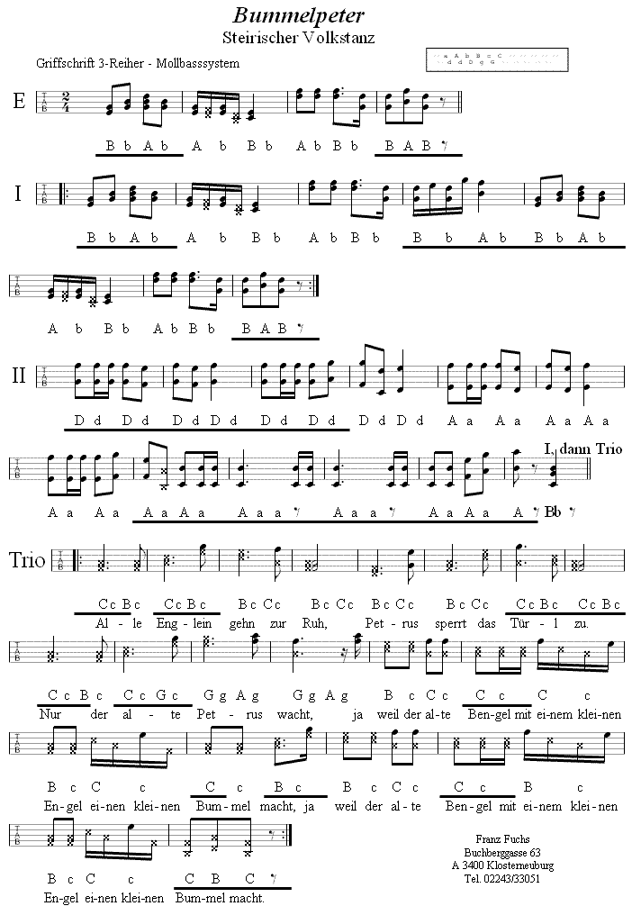 Bummelpeter (Rheinländer) in Griffschrift für Steirische Harmonika. 
Bitte klicken, um die Melodie zu hören.