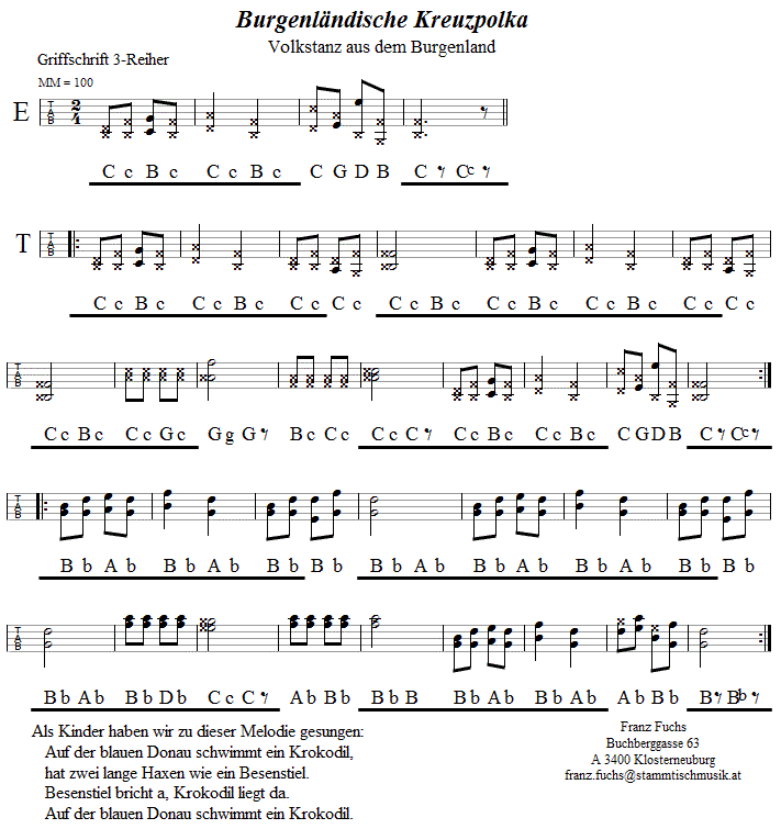 Burgenländische Kreuzpolka in Griffschrift für steirische Harmonika. 
Bitte klicken, um die Melodie zu hören.