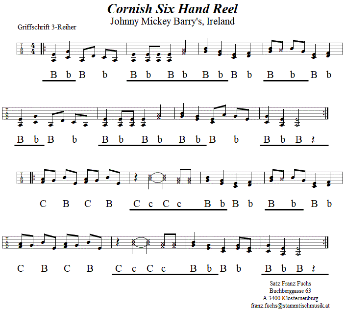 Cornish six-hand Reel in Griffschrift für Steirische Harmonika.
 Bitte klicken, um die Melodie zu hören.